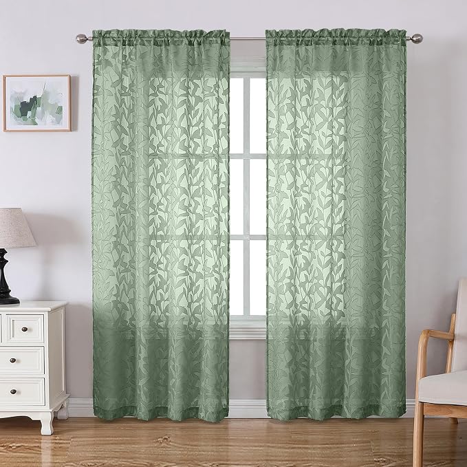 Lecloud Leia Sage Green Sheer Curtains 72 Inches Long 2 Panels, Jacquard by Lecloud