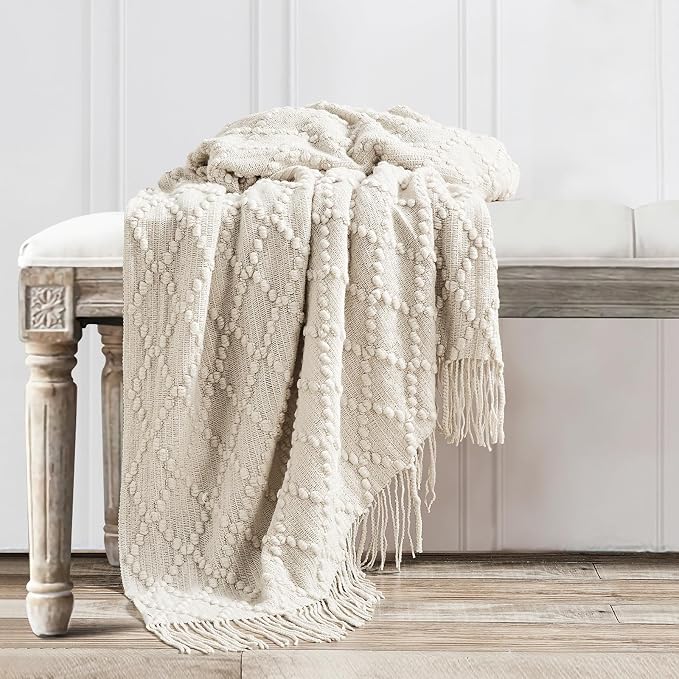 BOURINA Beige Throw Blanket 50 x70 Inches Jacquard Argyle Throw Textured Solid - Image 5