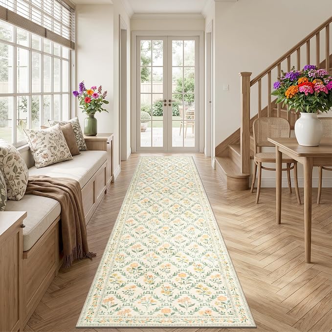 PLHXFR 2.6x14 Washable Runner Rug：Floral Indoor Kitchen Carpet Beige Multi | - Image 3
