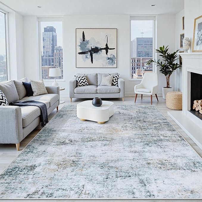 6x9 Washable Area Rug for Living Room Bedroom: Non-Slip Modern Blue Grey | by Oriannal