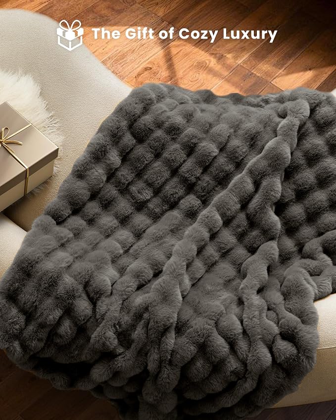 Ultra Soft Cozy Faux Fur Throw Blanket, Fuzzy Plush Thick Bubble Blanket - Image 7