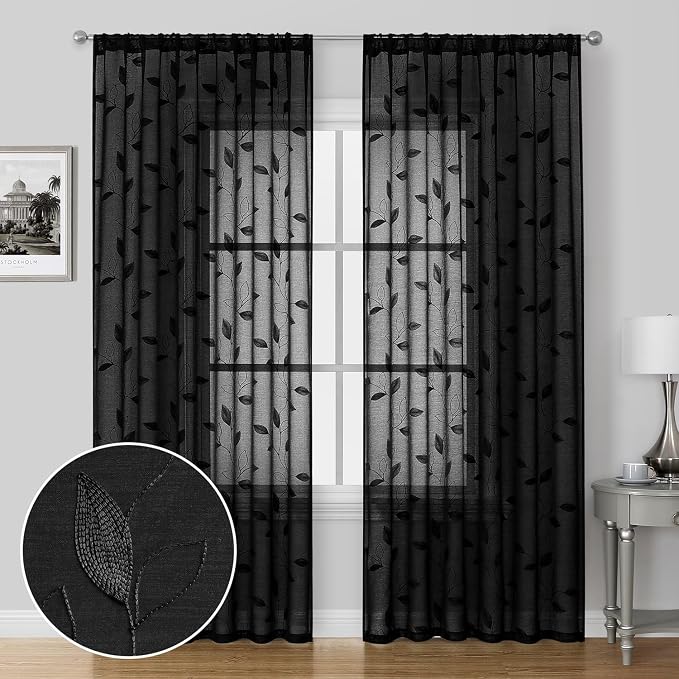 HOMEIDEAS Black Sheer Curtains 52 X 84 Inches Length 2 Panels Black Embroidered - Image 2