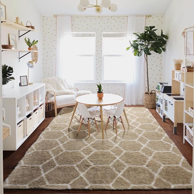 5x7 Area Rugs for Living Room Bedroom, Fluffy Beige and White Geometric Rug | - Image 7