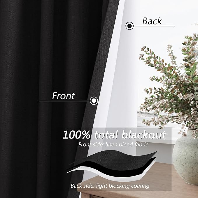 Guken Black 100% Blackout Linen Curtains 72 Inch Length 2 Panels Set - Image 4