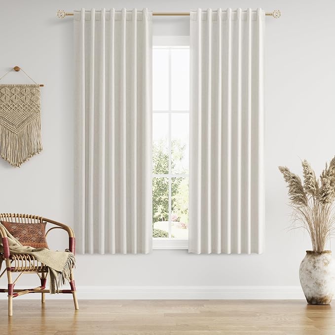 Guken 63 Inch Long Boho Blackout Curtains 100% Black Out Linen Curtain 2 Panels by Guken