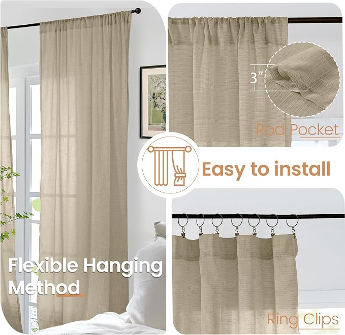 BGment 96 Inches Long Camel Linen Curtains - Image 6