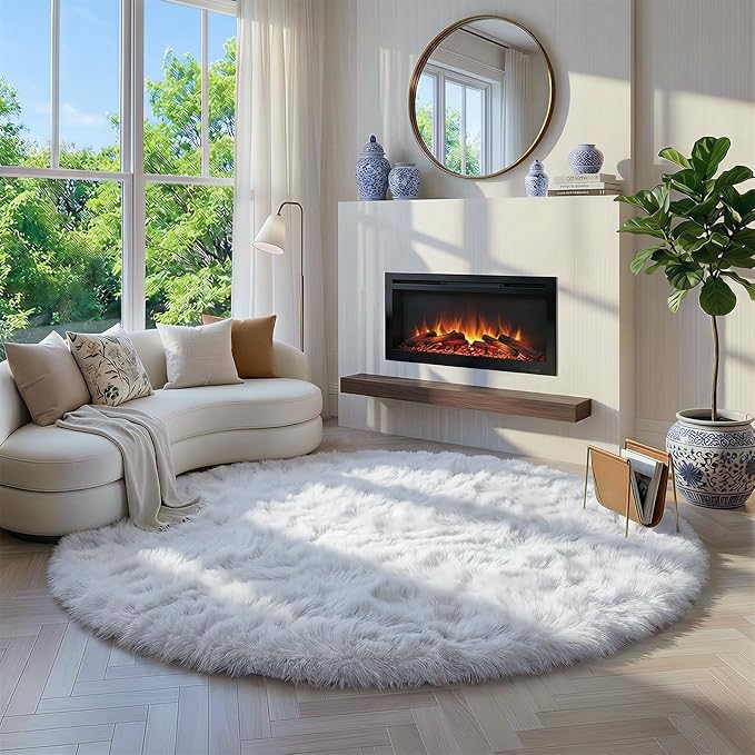 Amdrebio White Fluffy Round Rug 4Ft - Image 5