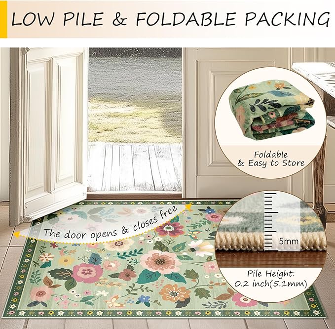 Floral Washable 2x10 Area Rugs Runner Entryway Hallway LightGreen | Flower - Image 4