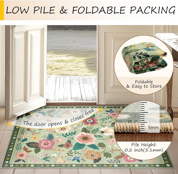 RELEANY Floral Washable Round 4ft Area Rug LightGreen | Flower Carpet Print - Image 4