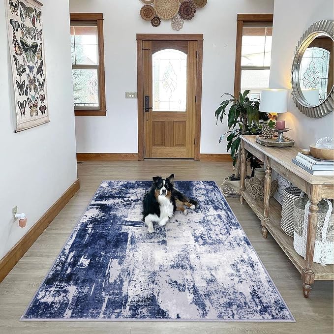 KOZYFLY Modern Abstract Area Rugs 5x7 Navy Blue Machine Washable Thin Rug - Image 6