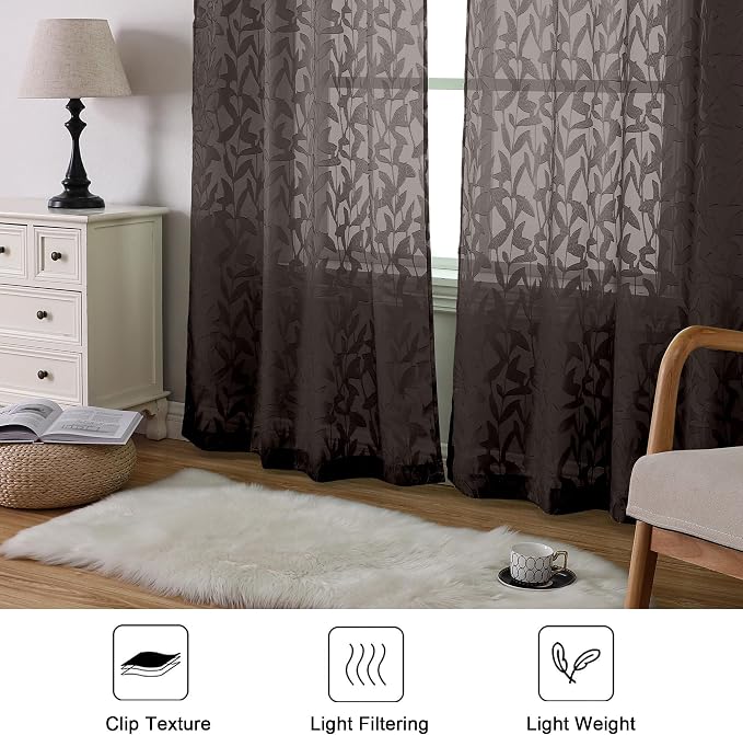 Lecloud Leia Chocolate Brown Sheer Curtains 84 Inches Long 2 Panels, Jacquard - Image 3