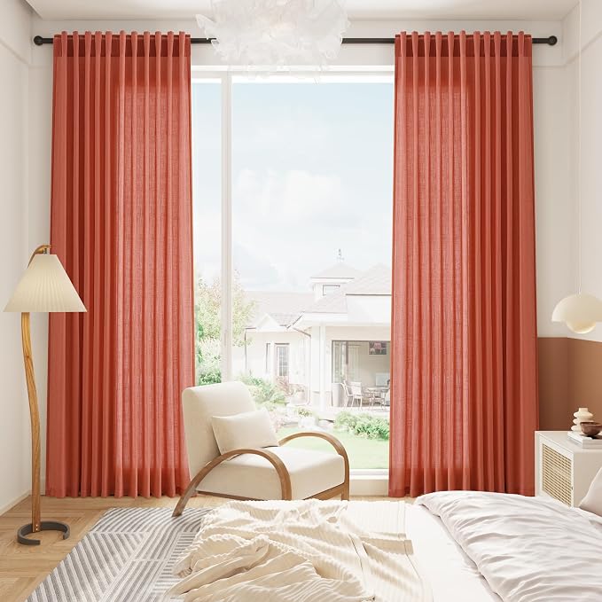 Coral Linen Curtains 84 Inch Length 2 Panels Set Back Tab Rod Pocket Light - Image 8