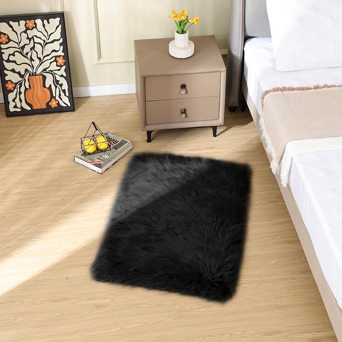 ORINOVA Black Faux Sheepskin Washable Fluffy Fur Area Rugs - Image 2