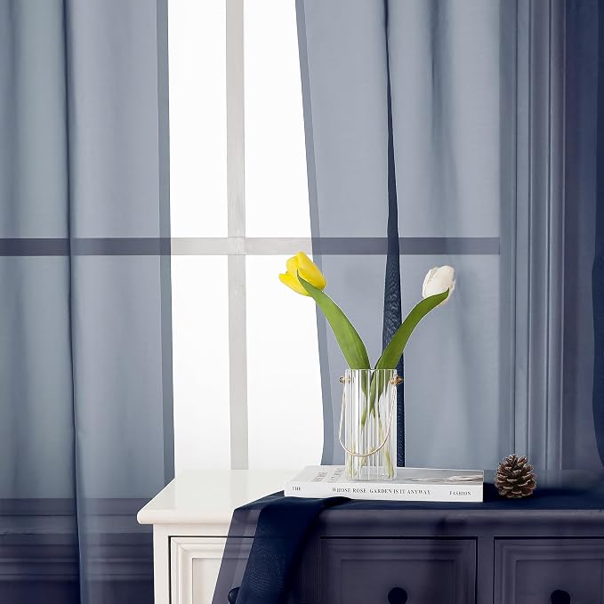 Lecloud Navy Blue Sheer Curtains 78 Inches Long 2 Panels, Light Filtering Voile - Image 6