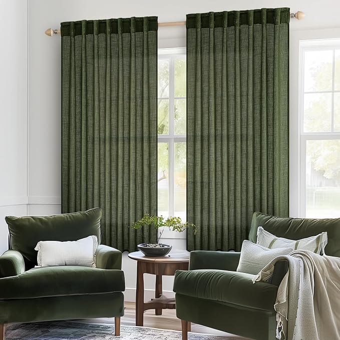 MIULEE Olive Green Linen Curtains 54 Inch Length 2 Panels - Image 2