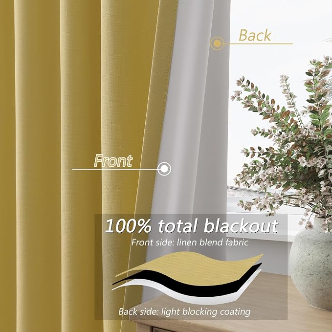 Guken Yellow 100% Blackout Linen Curtains 96 Inch Length 2 Panels Set - Image 3