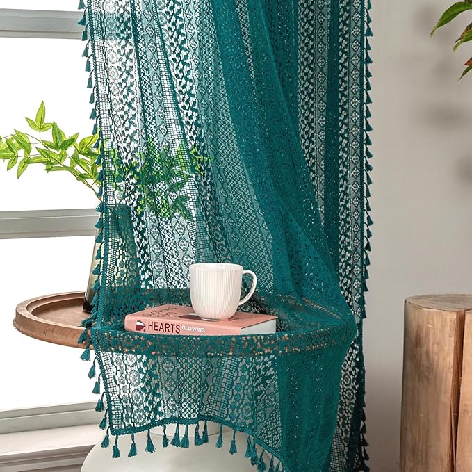 WAZZIO Boho Lace Curtains 96 Inches 2 Panel, Light Filtering Privacy Tassel & by WAZZIO