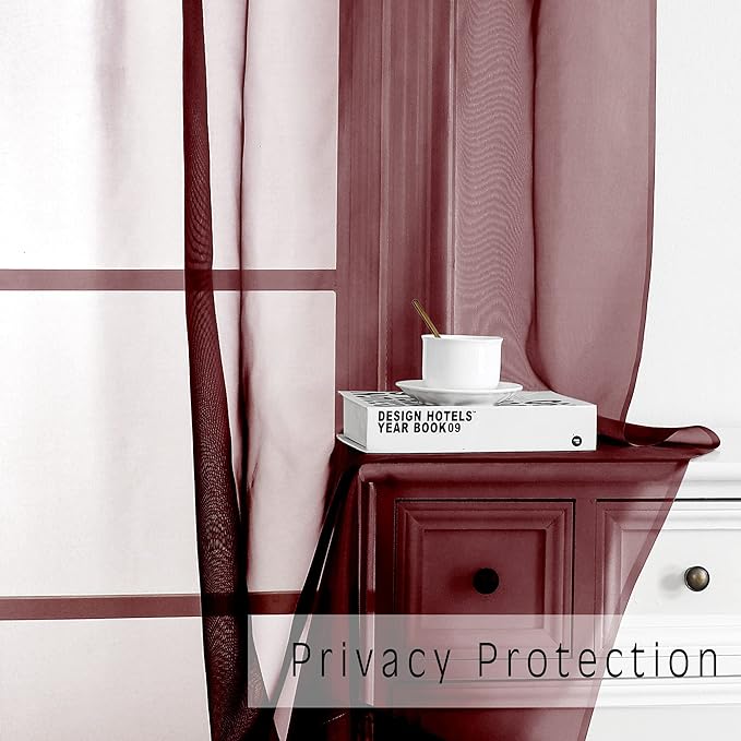 OVZME Burgundy Sheer Curtains 63 inch Length 2 Panels Set - Image 2