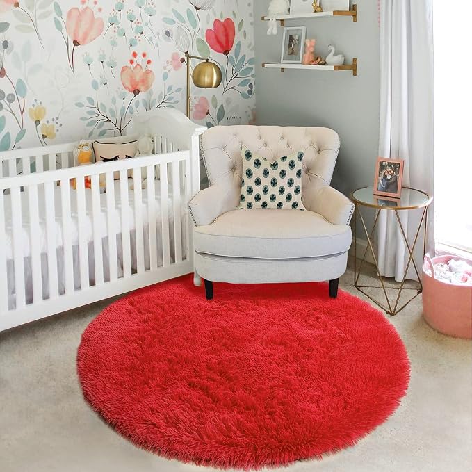 Red Round Rug 4Ft for Bedroom, Fluffy Shag Circle Area Rugs for Kids Room Decor - Image 6