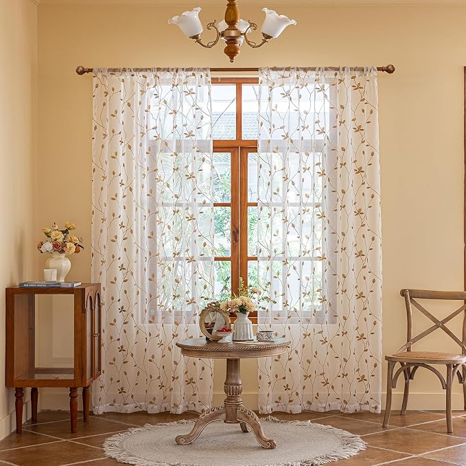 AmHoo 2 Panels Embroidered Leaf Pattern Semi Sheer Curtains Foliage Floral - Image 2