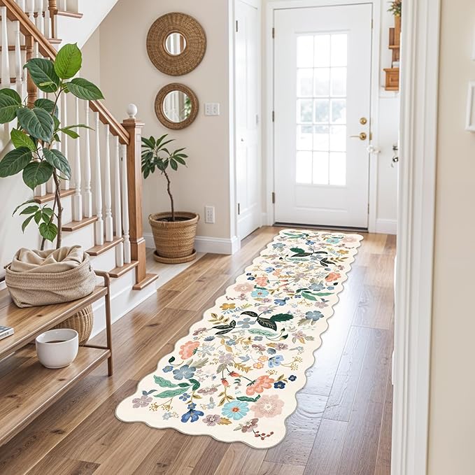 Hallway 2x5 Washable Runner Rug: Stain Resistant Floral Scalloped Rug - Image 2