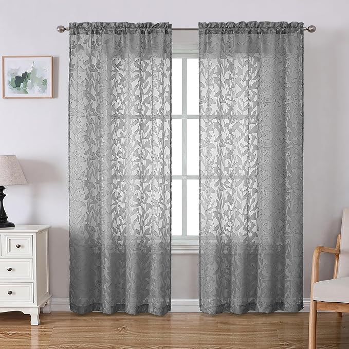 Lecloud Leia Charcoal Grey Sheer Curtains 72 Inches Long 2 Panels, Jacquard by Lecloud