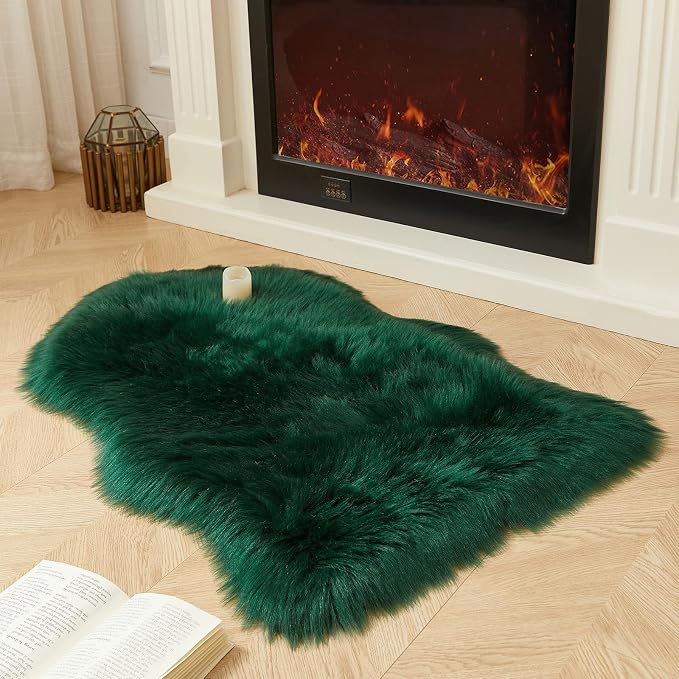 AMTOVO Faux Fur Rug, Dark Green Small Area Rug, Fluffy Sheepskin Rug, Fuzzy - Image 6
