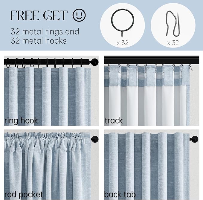 Topfinel Light Blue 120 Inch Blackout Linen Curtains 2 Panel Set - Image 3