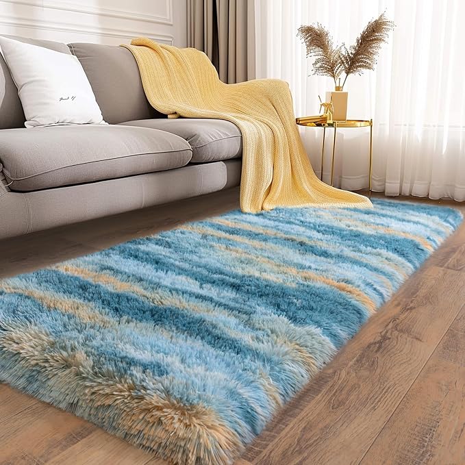 Soft Runner Rugs for Bedroom Hallways, 2x5 Abstract Blue Fluffy Shag Throw Area - Image 2
