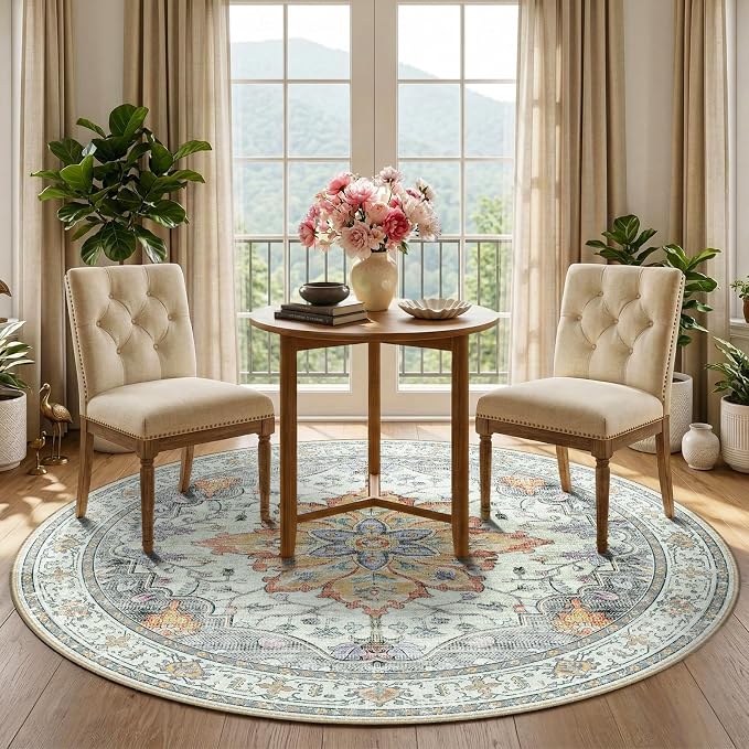Area Rugs 5ft Washable Non-Slip, Floral Vintage Distress Print Pattern - Image 2