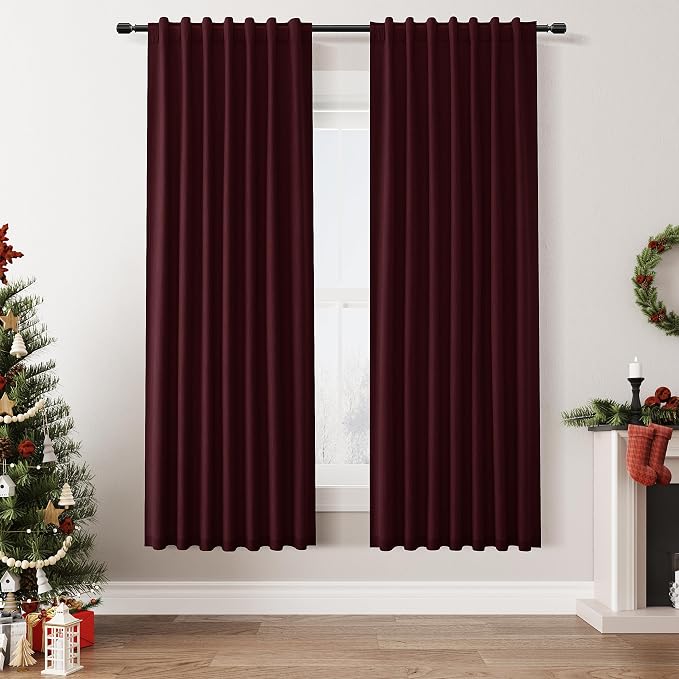 Burgundy 100% Blackout Linen Curtains 72 Inch Length 2 Panels Set by Guken