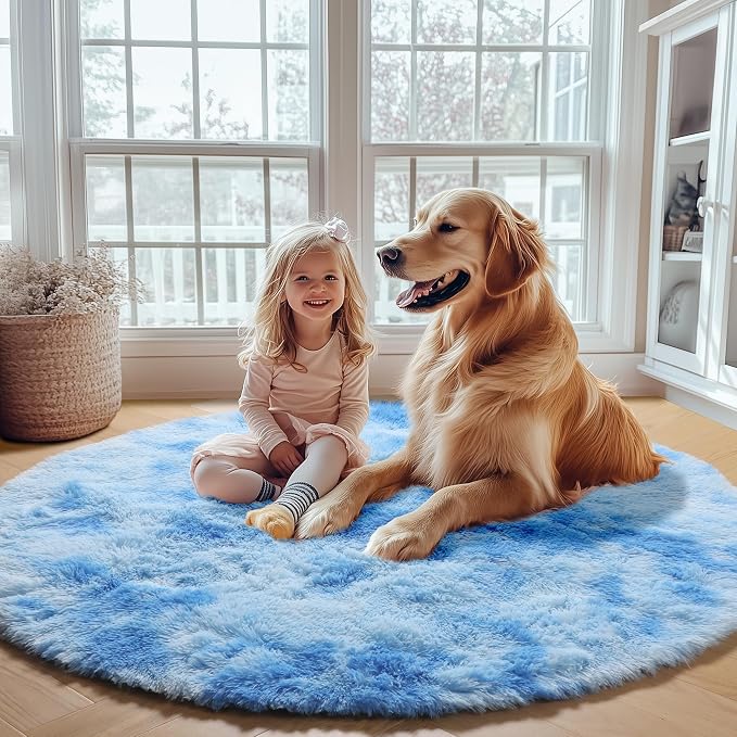 ONASAR Round Rugs 6ft for Living Room Bedroom, Tie-Dye Blue Fluffy Circle Area - Image 7
