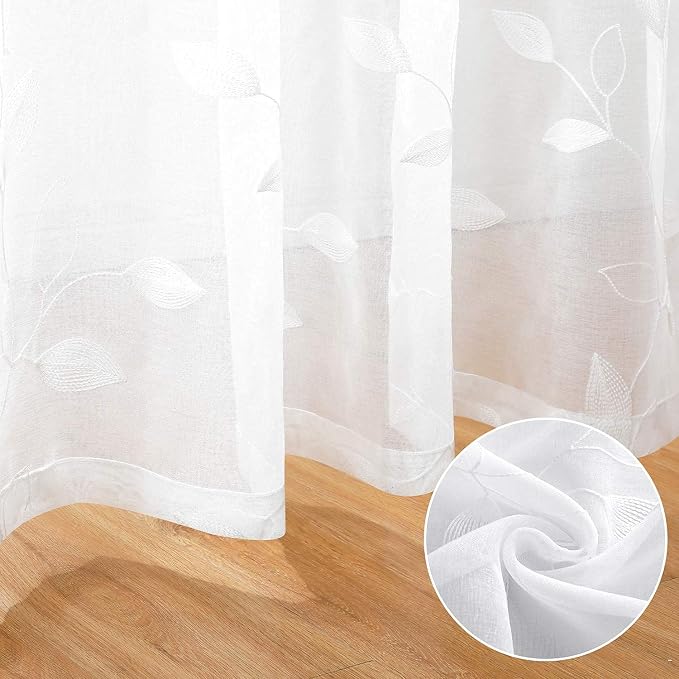 HOMEIDEAS White Sheer Curtains 52 X 96 Inches Long 2 Panels Embroidered Leaf - Image 5