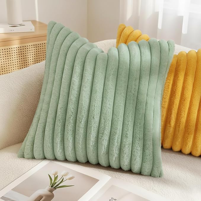 decorUhome Fall Faux Fur Throw Pillow Covers 20x20 Set of 2 Sage Green | - Image 4