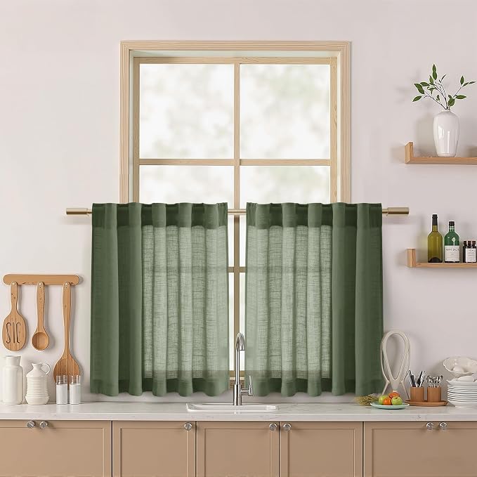 Nanspring Olive Green Cafe Linen Curtains 24 Inch Length 2 Panels Semi Sheer by Nanspring