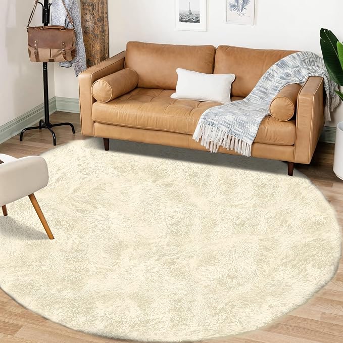 Cream White Round Rugs for Bedroom: 4ft Circle Fluffy Shag Soft Washable Rug - Image 6