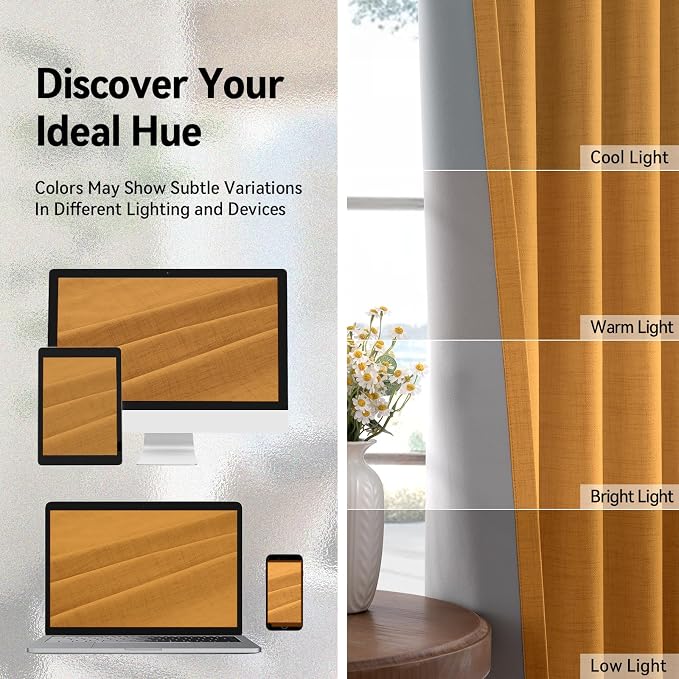 100% Blackout Linen Textured Curtains 72 Inch Long, Mustard Yellow | 100% - Image 7