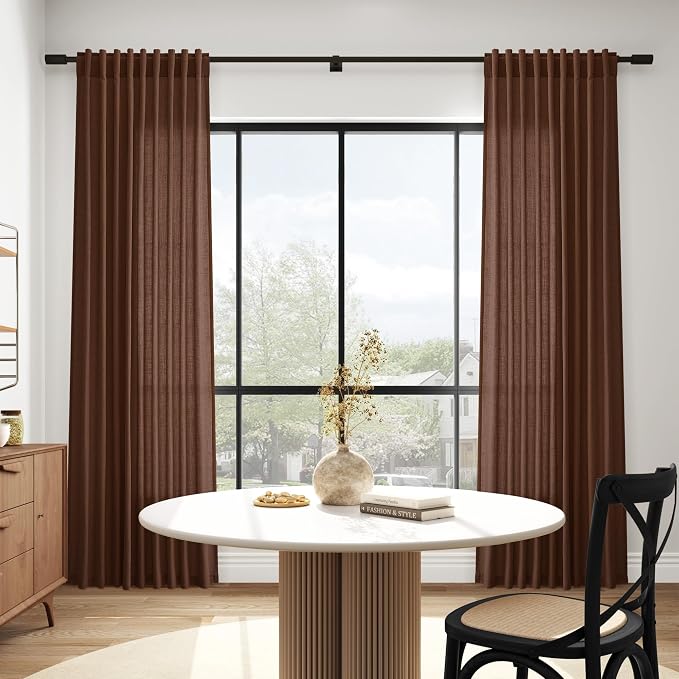 Mocha Brown Linen Curtains Semi Sheer96 Inches 2 Panels - Image 6