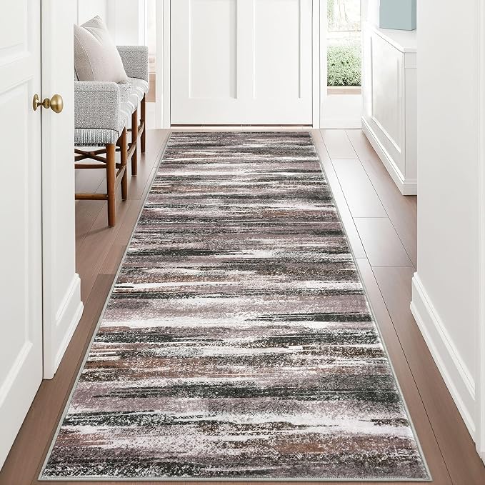 Lansny Modern Abstract Runner Rug 3x8, Dark Light Brown White Washable Kitchen by lansny