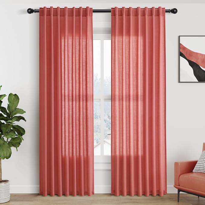 Nanspring Watermelon Red Linen Curtains 84 Inch Length 2 Panels Set, Back Tab by Nanspring