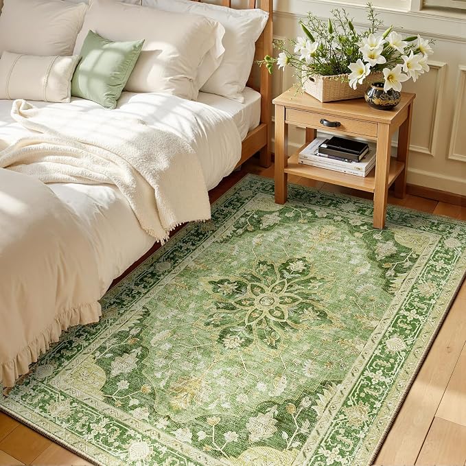 Area Rugs 3'x5' Washable Non-Slip, Floral Vintage Distress Print Pattern by RELEANY