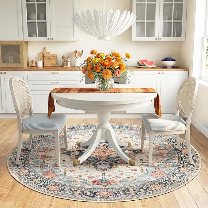 Area Rugs 6ft Washable Non-Slip, Floral Vintage Distress Print Pattern - Image 2
