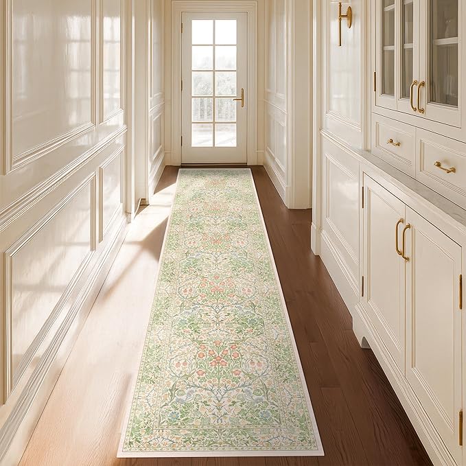 Washable Beige Green 2x10 Runner Rug by HazoHaus