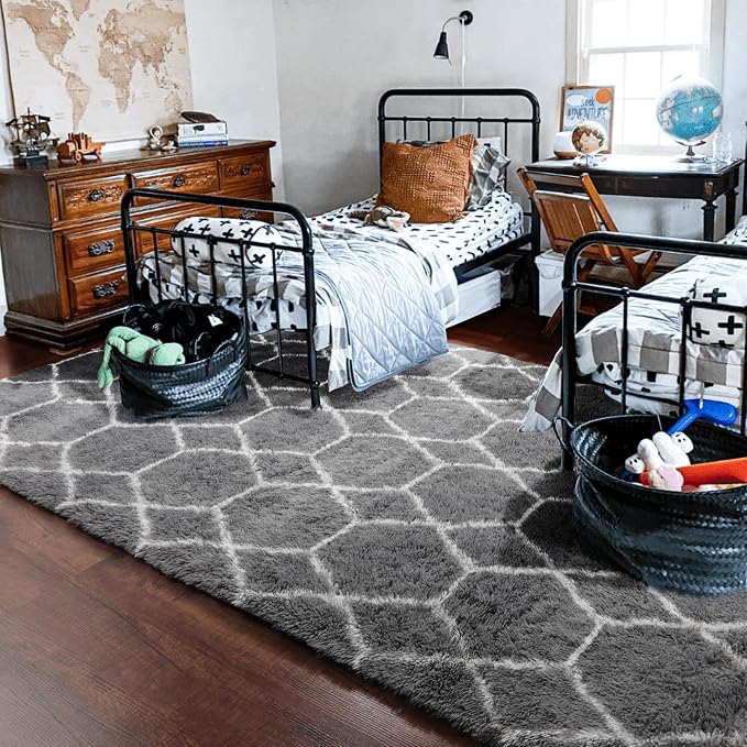 8x10 Area Rugs for Living Room, Fluffy Grey and White Bedroom Geometric Rug | - Image 8