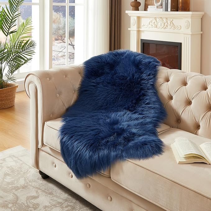 AMTOVO Faux Fur Rug, Dark Blue Area Rug, Fluffy Sheepskin Rug, Fuzzy Ultra Soft - Image 3