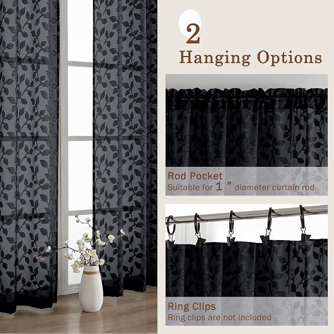 Chyhomenyc Black Sheer Curtains 30 Inch Length, Light Filtering Leaf Tufted - Image 5