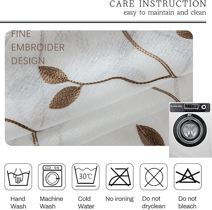 AmHoo 2 Panels Embroidered Leaf Pattern Semi Sheer Curtains Foliage Floral - Image 6