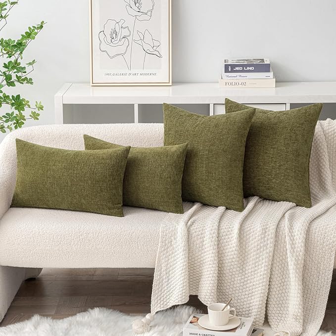 MIULEE Pack of 2 Couch Throw Pillow Covers 18x18 Inch Soft Olive Green Chenille - Image 4