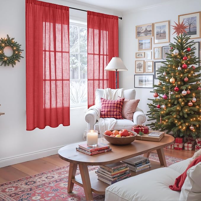 BGment Red Linen Curtains 63 Inches Long - Image 2