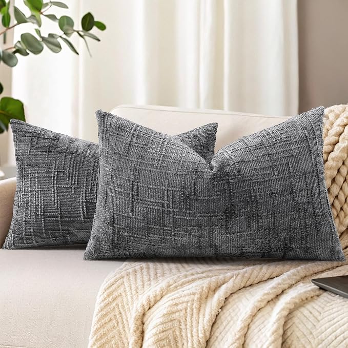 decorUhome Dark Grey Chenille Throw Pillow Covers 12x20 Set of 2 Textured Soft by decorUhome